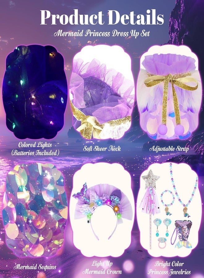 LIMIROLER Princess Dress Up Toys Princess Dress Up Clothes Rainbow Mermaid Cape Kit 9 Pcs Gift Set for Little Girls 3-8 Years (8 - Light up Rainbow Purple) - Image 4